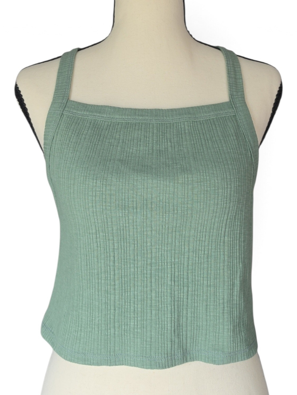 American Eagle Green Ribbed Knit Cross Back Crop Top Tank-Size Large